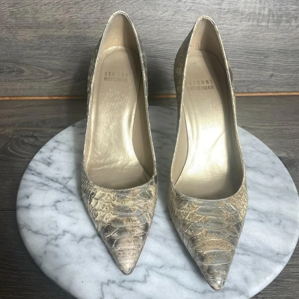 Stuart Weitzman Heels Womens 7 M Beige Snakeskin Stilettos Pointed Toe Leather - Picture 2 of 10